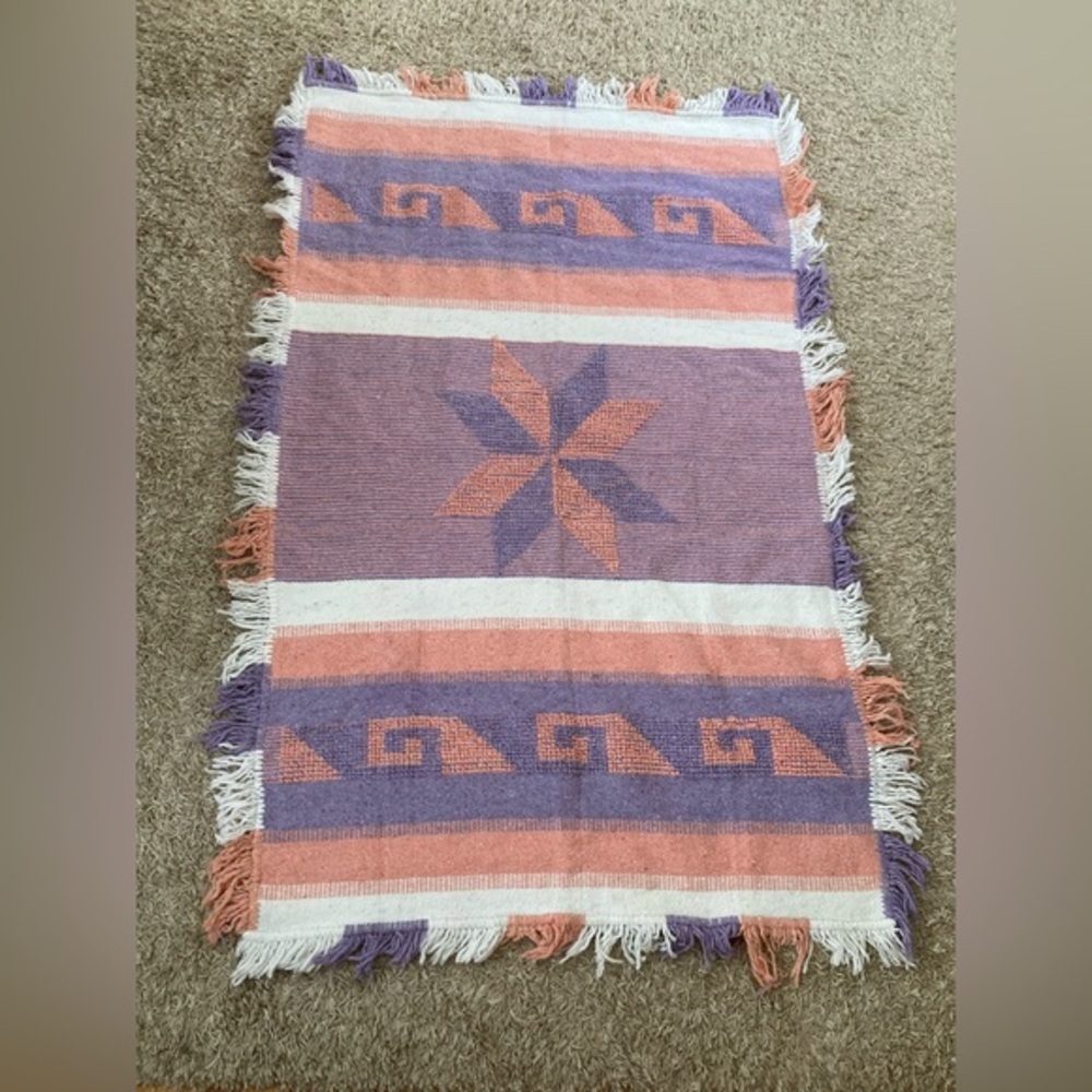 Vintage Mexican Falsa Blanket Pink Purple Star Design - Cotton Blend Woven Throw